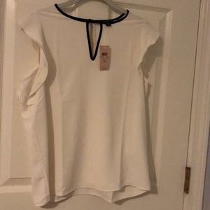 NWT Ann Taylor Factory ivory ruffle sleeve blouse with keyhole and black trim